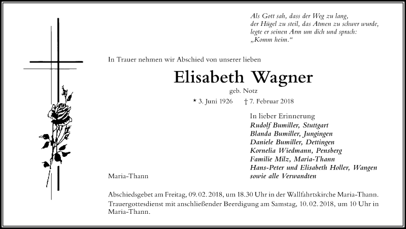 Traueranzeige von Elisabeth Wagner von Der Westallgäuer