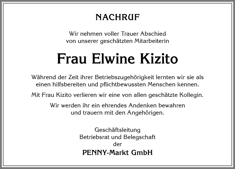 Traueranzeige von Elwine Kizito von Allgäuer Zeitung, Kaufbeuren/Buchloe