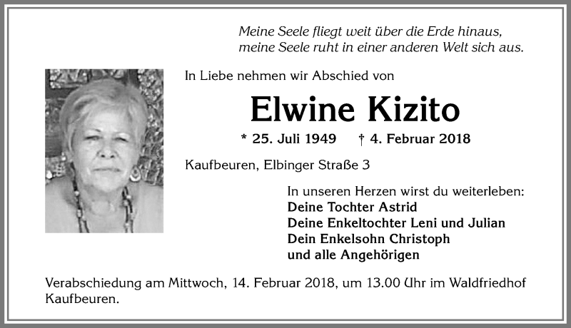 Traueranzeige von Elwine Kizito von Allgäuer Zeitung, Kaufbeuren/Buchloe