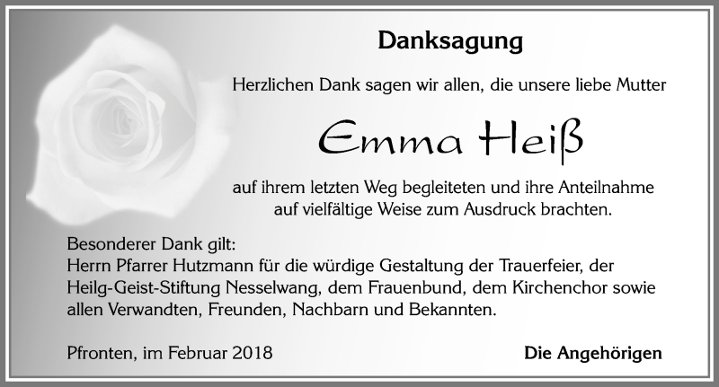 Traueranzeige von Emma Heiß von Allgäuer Zeitung, Füssen