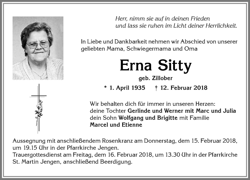 Traueranzeige von Erna Sitty von Allgäuer Zeitung, Kaufbeuren/Buchloe