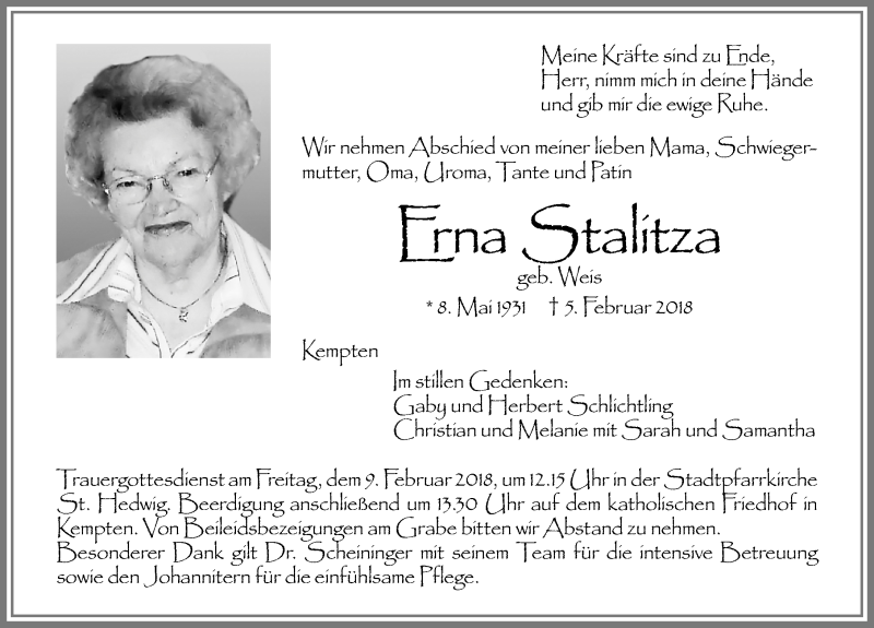 Traueranzeige von Erna Stalitza von Allgäuer Zeitung,Kempten