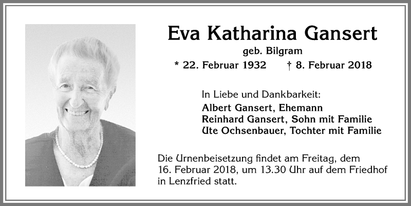 Traueranzeige von Eva Katharina Gansert von Allgäuer Zeitung,Kempten