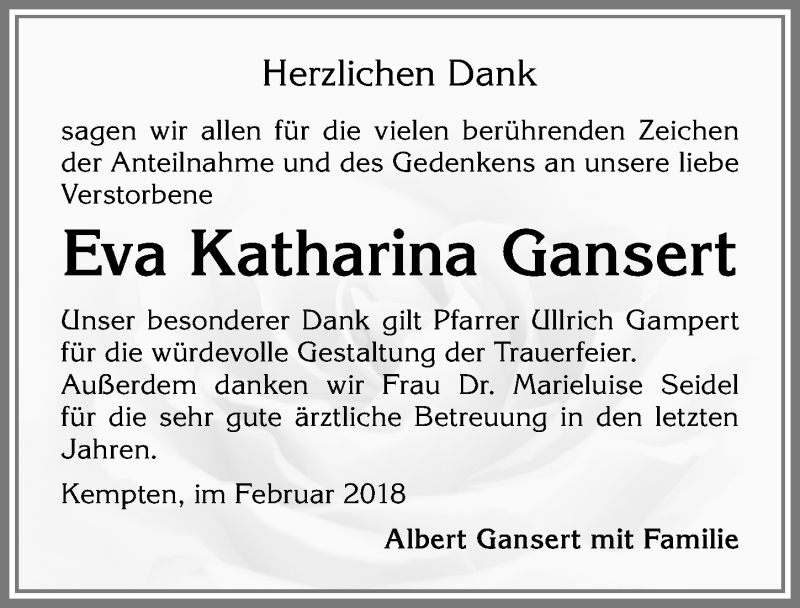 Traueranzeige von Eva Katharina Gansert von Allgäuer Zeitung,Kempten