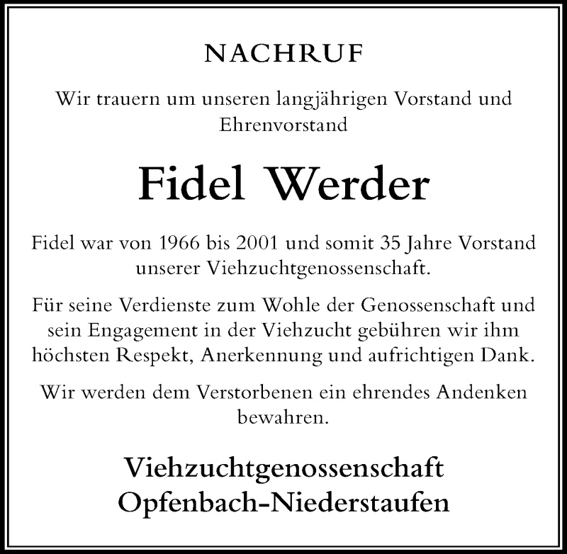 Traueranzeige von Fidel Werder von Der Westallgäuer