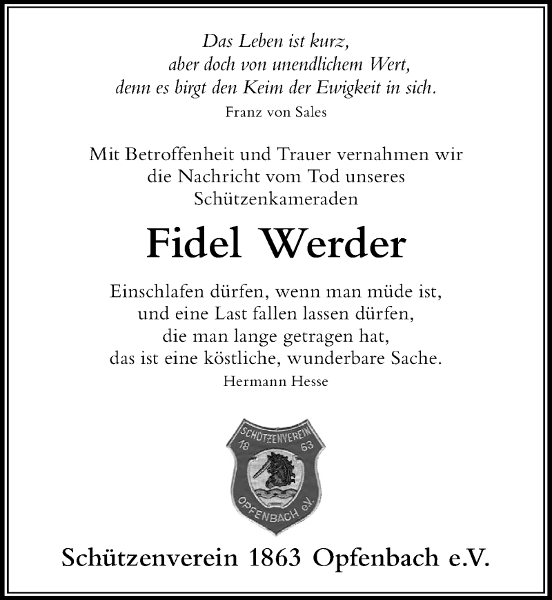 Traueranzeige von Fidel Werder von Der Westallgäuer