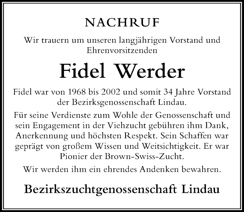 Traueranzeige von Fidel Werder von Der Westallgäuer