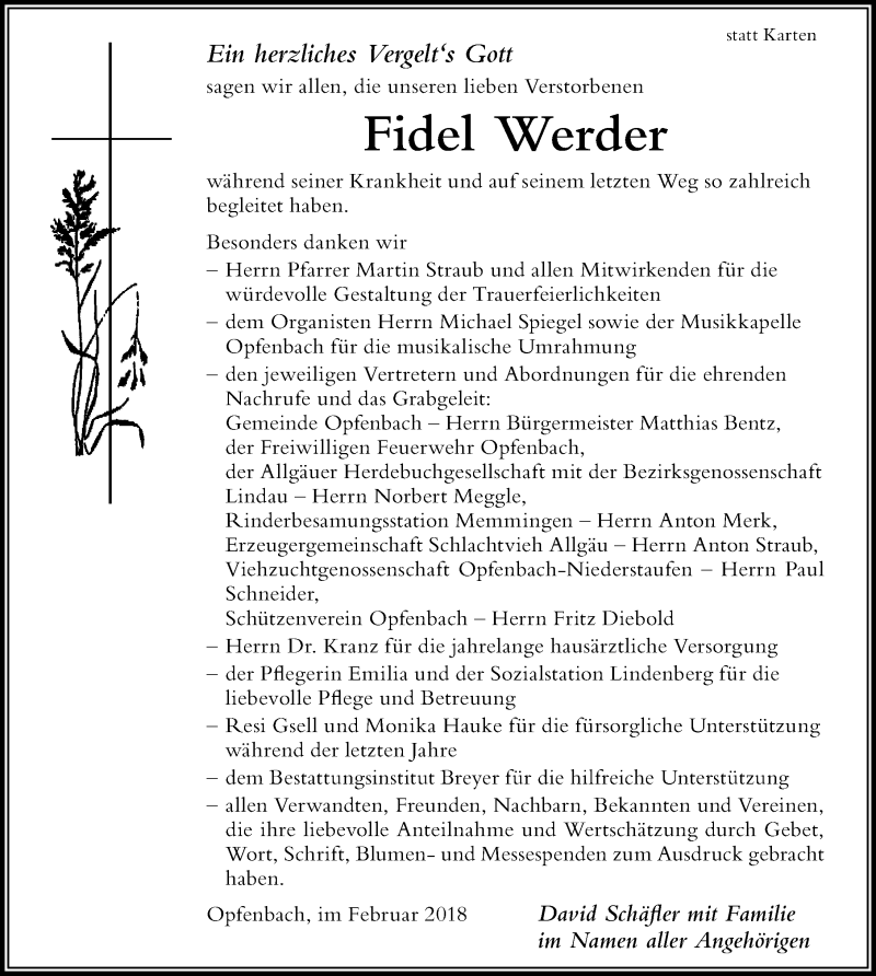 Traueranzeige von Fidel Werder von Der Westallgäuer