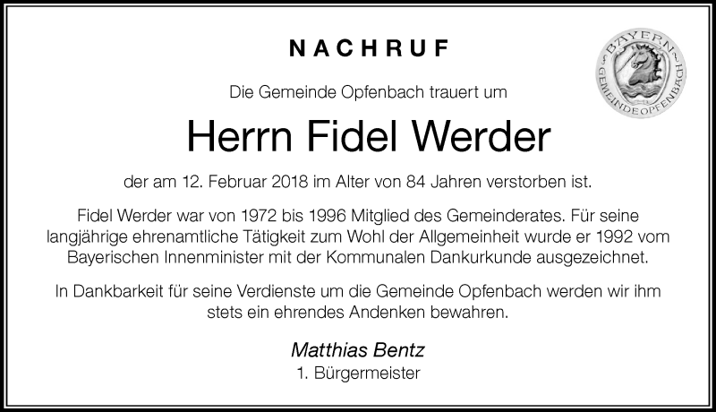 Traueranzeige von Fidel Werder von Der Westallgäuer