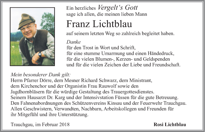 Traueranzeige von Franz Lichbtlau von Allgäuer Zeitung, Füssen