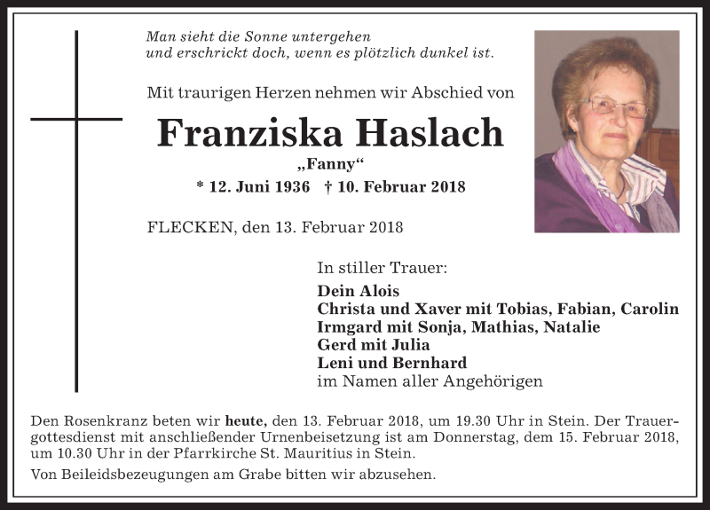 Traueranzeige von Franziska Haslach von Allgäuer Anzeigeblatt