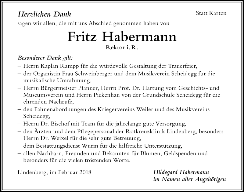 Traueranzeige von Fritz Habermann von Der Westallgäuer