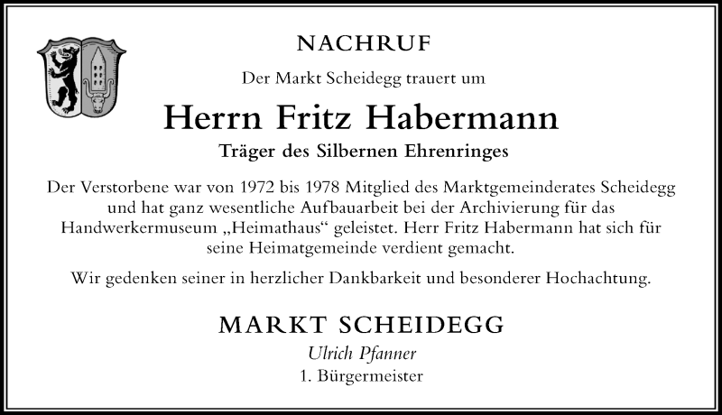 Traueranzeige von Fritz Habermann von Der Westallgäuer