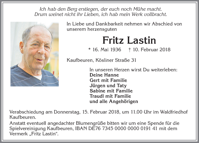 Traueranzeige von Fritz Lastin von Allgäuer Zeitung, Kaufbeuren/Buchloe