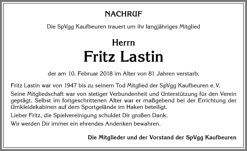 Traueranzeige von Fritz Lastin von Allgäuer Zeitung, Kaufbeuren/Buchloe