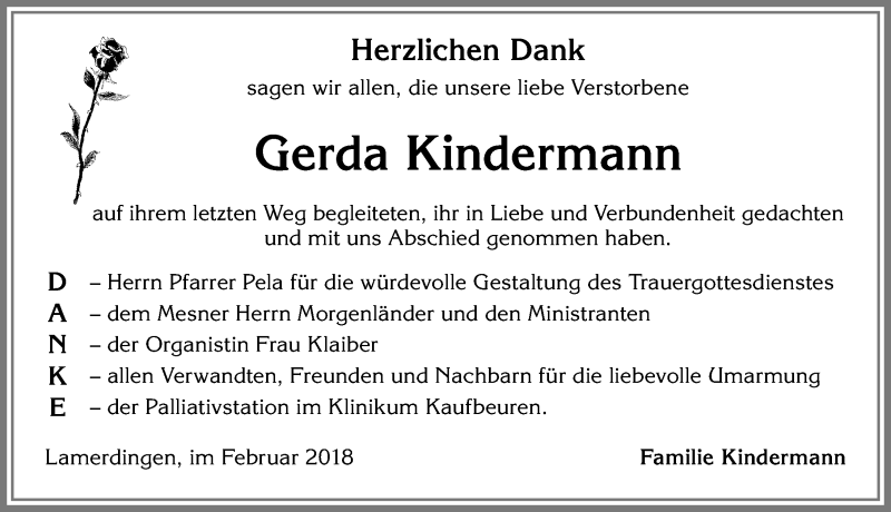 Traueranzeige von Gerda Kindermann von Allgäuer Zeitung, Kaufbeuren/Buchloe