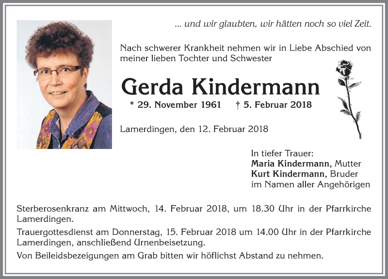 Traueranzeige von Gerda Kindermann von Allgäuer Zeitung, Kaufbeuren/Buchloe