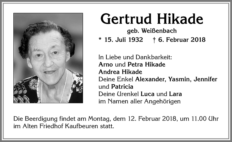 Traueranzeige von Gertrud Hikade von Allgäuer Zeitung, Kaufbeuren/Buchloe