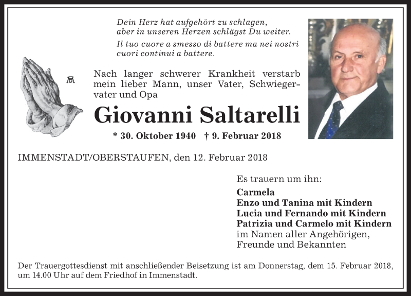 Traueranzeige von Giovanni Saltarelli von Allgäuer Anzeigeblatt