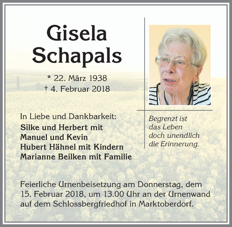 Traueranzeige von Gisela Schapals von Allgäuer Zeitung,Kempten