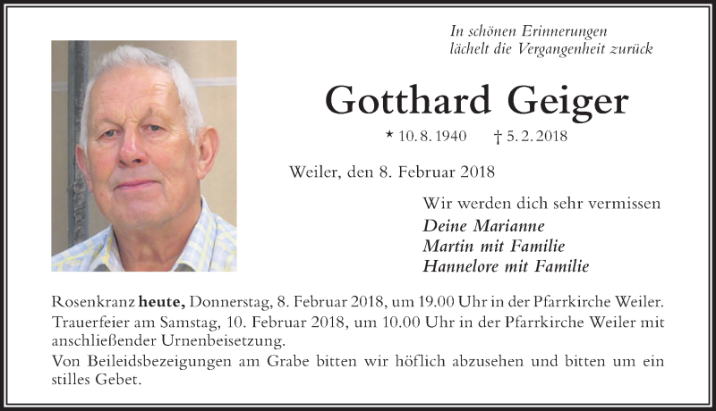 Traueranzeige von Gotthard Geiger von Der Westallgäuer