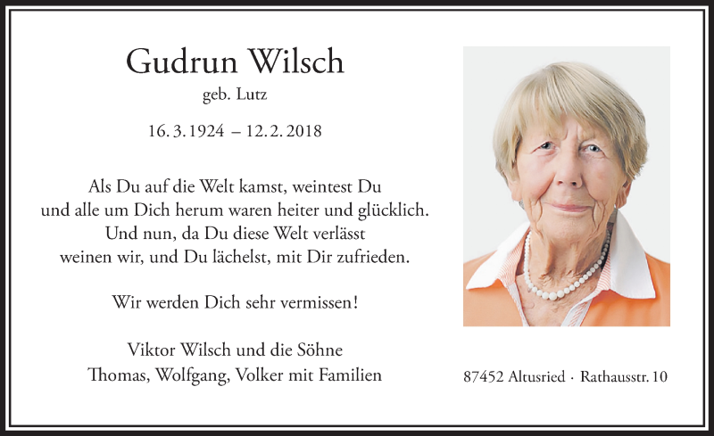 Traueranzeige von Gudrun Wilsch von Allgäuer Zeitung,Kempten