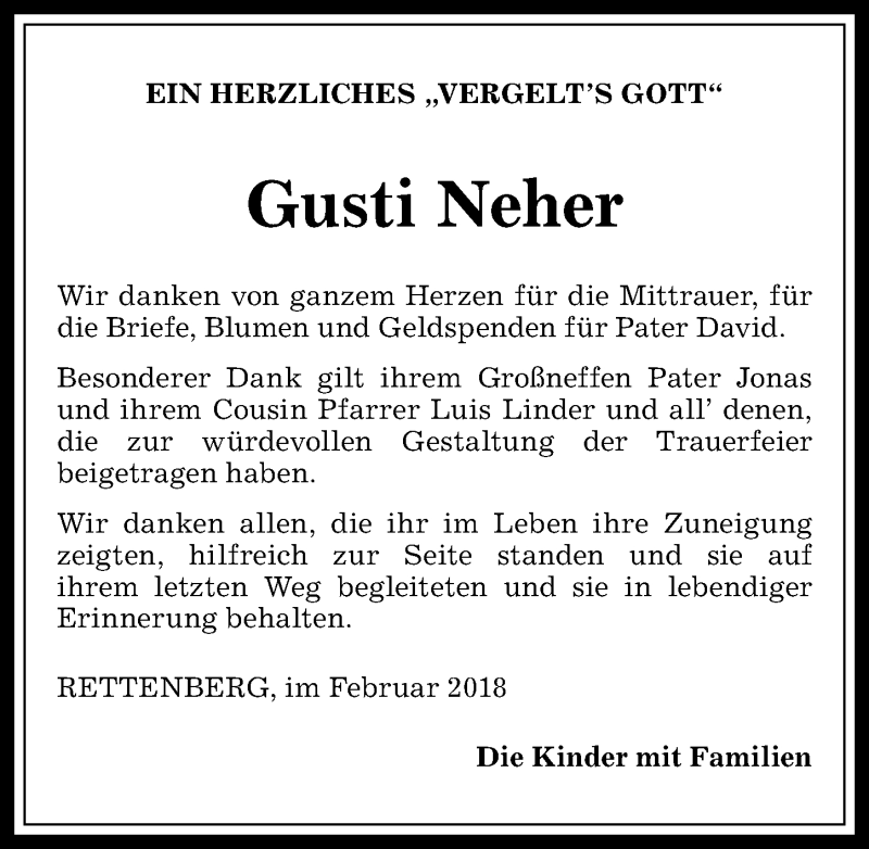 Traueranzeige von Gusti Neher von Allgäuer Anzeigeblatt