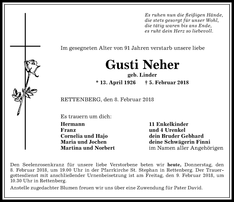 Traueranzeige von Gusti Neher von Allgäuer Anzeigeblatt