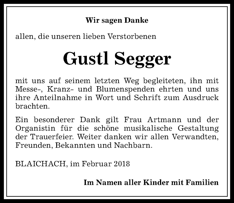 Traueranzeige von Gustl Segger von Allgäuer Anzeigeblatt