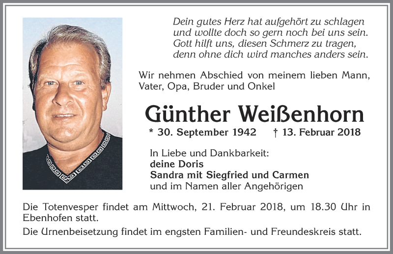 Traueranzeige von Günther Weißenhorn von Allgäuer Zeitung, Marktoberdorf