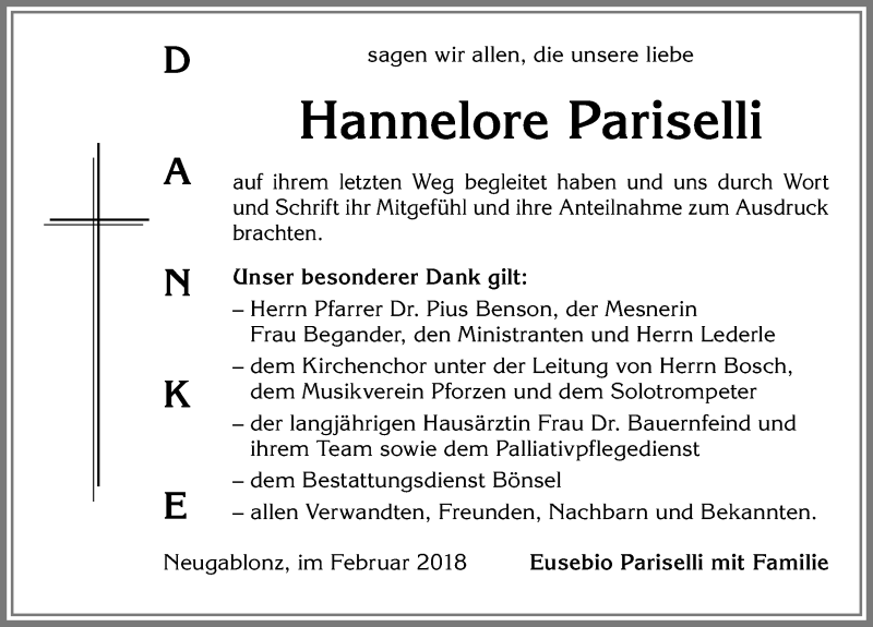 Traueranzeige von Hannelore Pariselli von Allgäuer Zeitung, Kaufbeuren/Buchloe