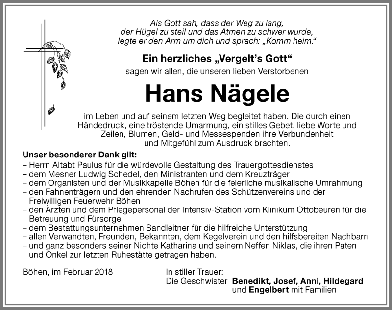 Traueranzeige von Hans Nägele von Memminger Zeitung