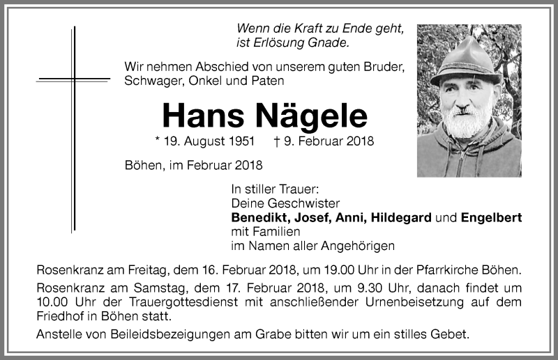 Traueranzeige von Hans Nägele von Memminger Zeitung