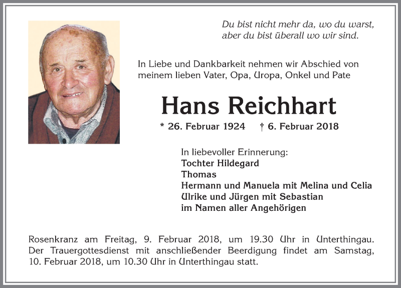 Traueranzeige von Hans Reichhart von Allgäuer Zeitung, Marktoberdorf