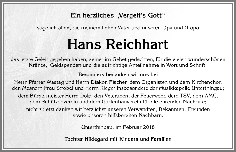 Traueranzeige von Hans Reichhart von Allgäuer Zeitung, Marktoberdorf