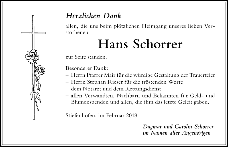 Traueranzeige von Hans Schorrer von Der Westallgäuer