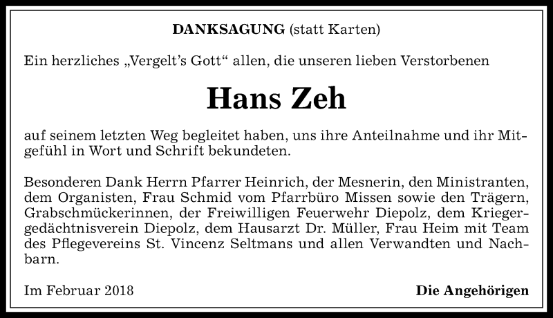 Traueranzeige von Hans Zeh von Allgäuer Anzeigeblatt