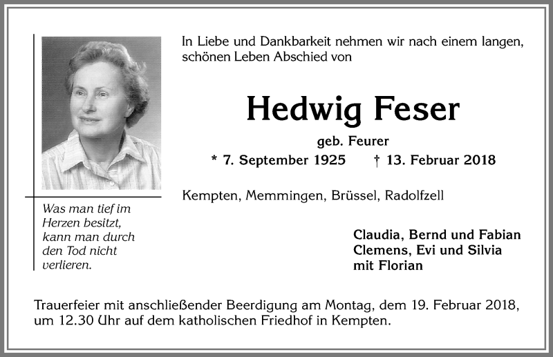 Traueranzeige von Hedwig Feser von Allgäuer Zeitung,Kempten