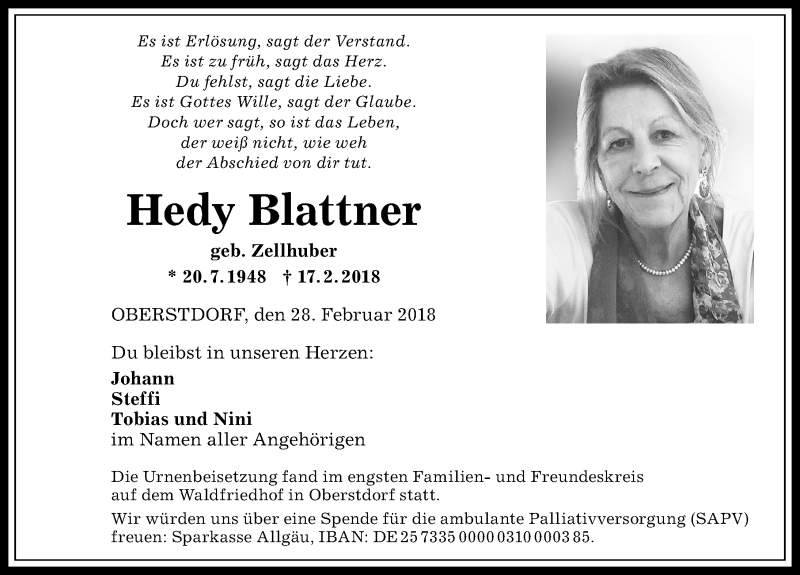 Traueranzeige von Hedy Blattner von Allgäuer Anzeigeblatt