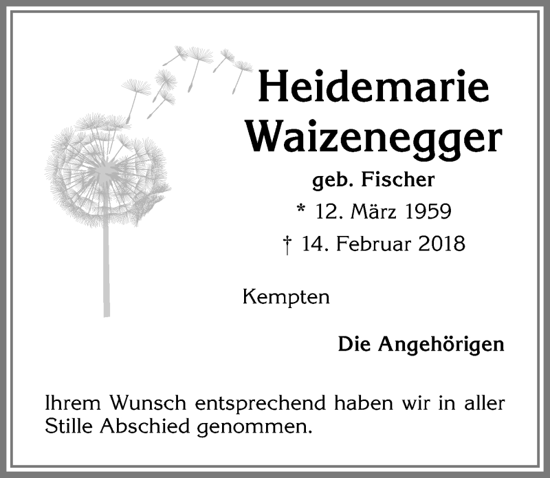  Traueranzeige für Heidemarie Waizenegger vom 22.02.2018 aus Allgäuer Zeitung,Kempten