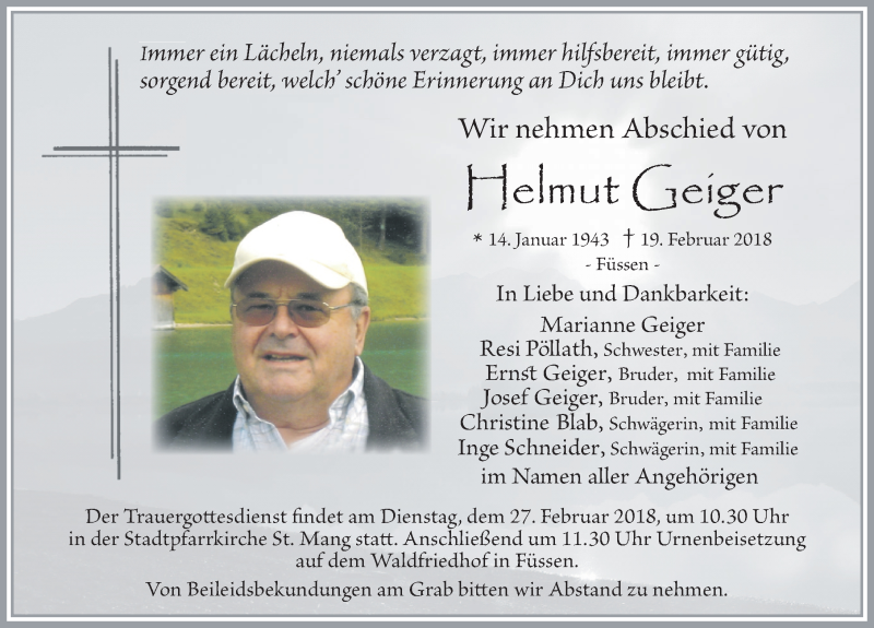 Traueranzeige von Helmut Geiger von Allgäuer Zeitung, Füssen