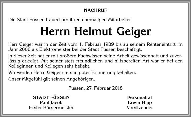 Traueranzeige von Helmut Geiger von Allgäuer Zeitung, Füssen