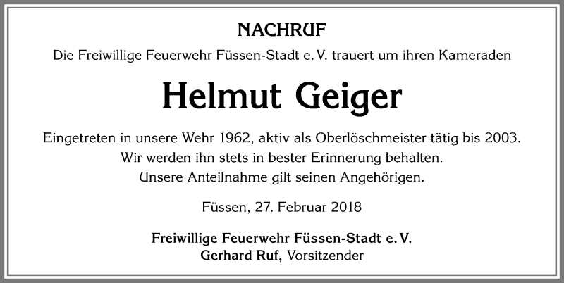 Traueranzeige von Helmut Geiger von Allgäuer Zeitung, Füssen