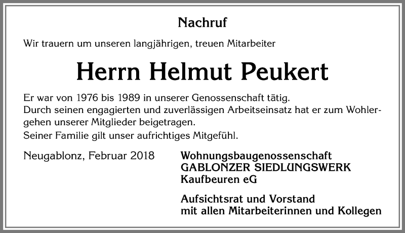 Traueranzeige von Helmut Peukert von Allgäuer Zeitung, Kaufbeuren/Buchloe