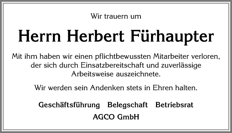 Traueranzeige von Herbert Fürhaupter von Allgäuer Zeitung, Marktoberdorf