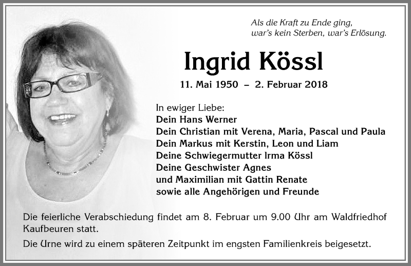 Traueranzeige von Ingrid Kössl von Allgäuer Zeitung, Kaufbeuren/Buchloe