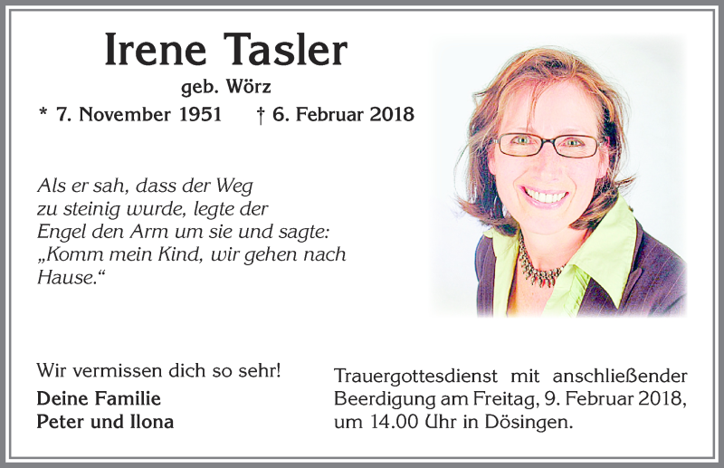 Traueranzeige von Irene Tasler von Allgäuer Zeitung, Kaufbeuren/Buchloe