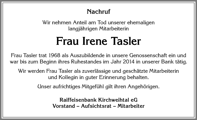 Traueranzeige von Irene Tasler von Allgäuer Zeitung, Kaufbeuren/Buchloe