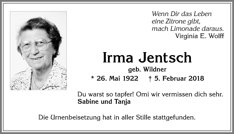 Traueranzeige von Irma Jentsch von Allgäuer Zeitung, Kaufbeuren/Buchloe