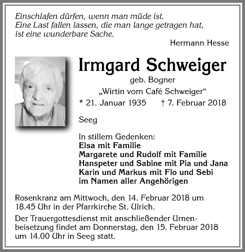 Traueranzeige von Irmgard Schweiger von Allgäuer Zeitung, Füssen